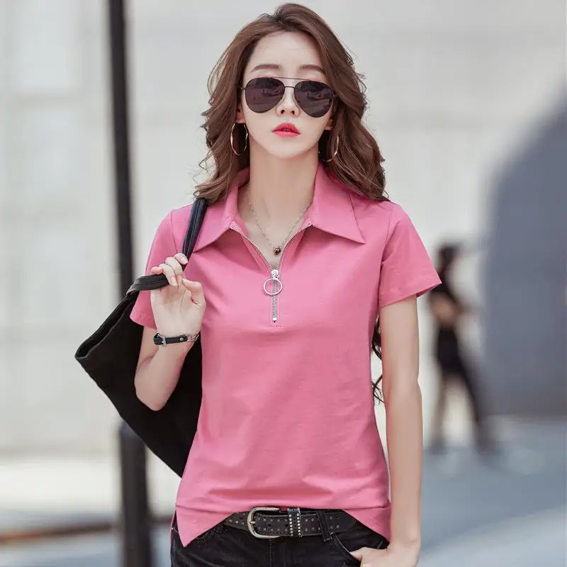 

Simple Polos Para Mujer Casual Solid Summer Lapel Tees Korean Clothes Women T-Shirt Short Sleeve Polo Shirt Women Cotton Top