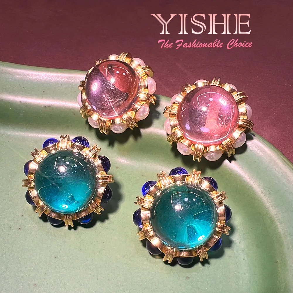 French premium stud earrings, copper plated real gold glazed vintage simple niche design sea blue retro earrings women