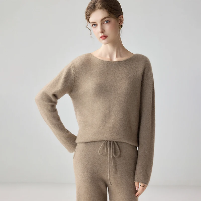 Autumn Winter Women's 100% Cashmere Pullover Sweater Wide Boat Neck Rolled Edge Hem Cuffs Mellow Minimal Long Sleeve Knit Top