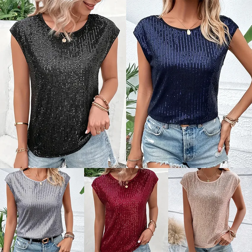 

New European and American Style Loose Casual Fashion Party Round Neck Sleeveless Top Women's Sequin T-shirt