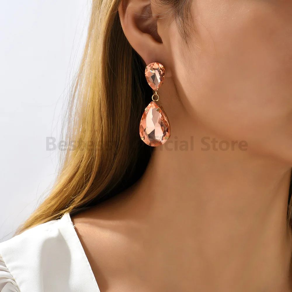 New Trend Elegant Water Drop Dangle Earrings For Women Luxury Glass Fashion Pendant Wedding Party Charm Girl Jewelry Accessories