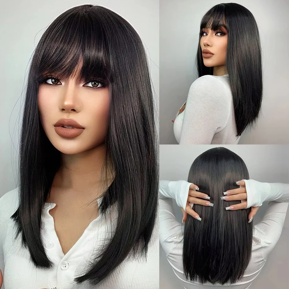 Fashion synthetic wig with medium-length wavy hair in a chin-length style, made of high-temperature hair fibers.
