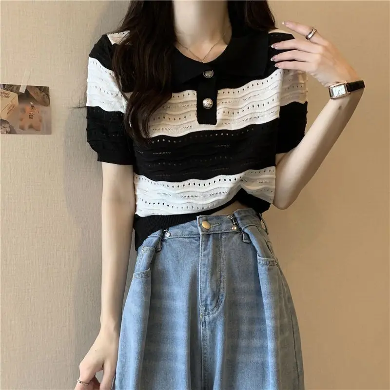 French Style Summer Women Short Sleeve T Shirt Polo-Neck Chic Hollow Out Striped Urbane Casual Crop Top Women Clothes