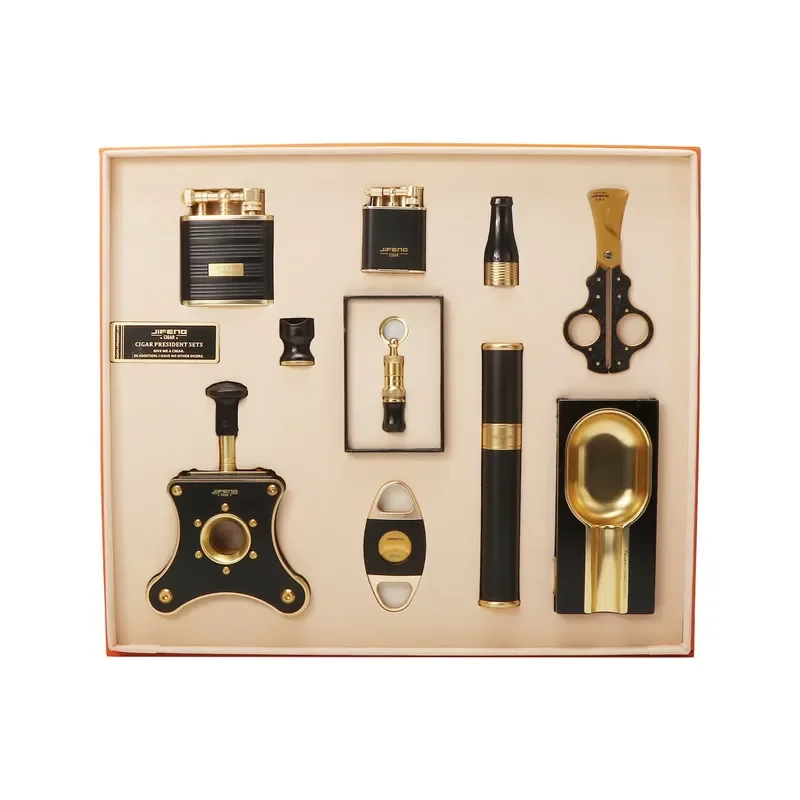 luxury one-piece cigar tool set, brass decoration, full set of accessories, gift box, suitable for cigar lovers