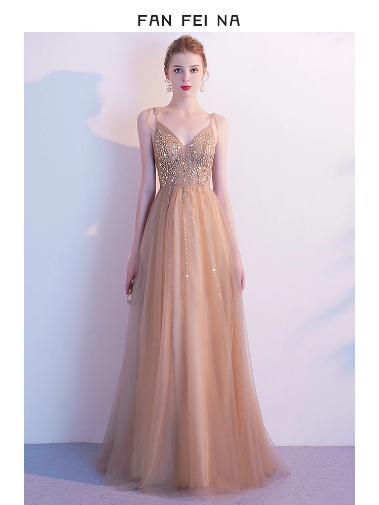 

Champagne Long Evening Gown Women's Sexy Strapl Ele Birthday Par Host Dr Korean Sle Pure Color Floor Length