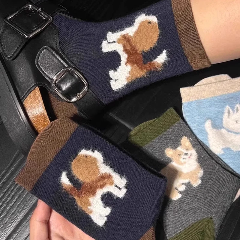 الملونة لطيف أفخم جرو الجوارب للنساء الخريف والشتاء كلية نمط الكرتون كومة الجوارب الرجعية اللون حظر منتصف جوارب أنبوبية #6