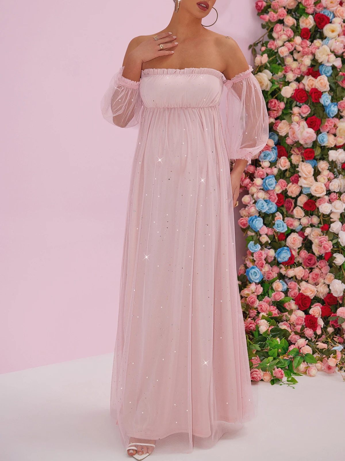 Itsroya-vestido de maternidad con purpurina de malla rosa, hombros descubiertos, volantes, suelto, elegante, accesorios de fotografía para embarazadas, vestidos de fiesta de noche