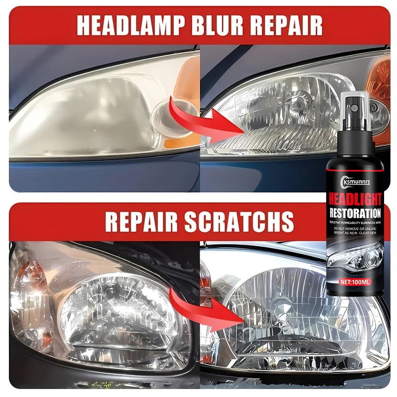 Car headlight restoration spray removes yellowing and oxidation, brightens lights instantly, fits both headlights and taillights