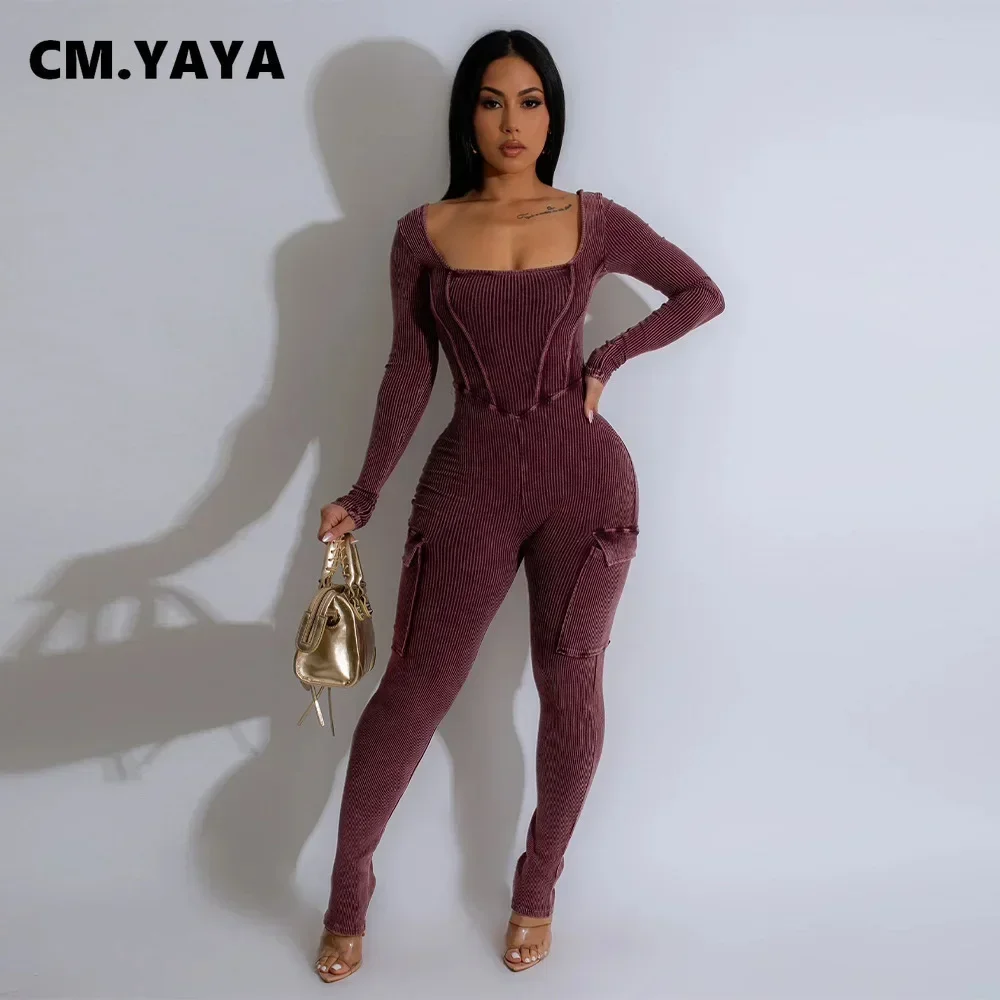 Fashion Women Knit Ribbed Pocket Side Tunic Long Sleeve Cargo Jumpsuit 2024 Autumn Street Playsuit One Piece Suit Romper