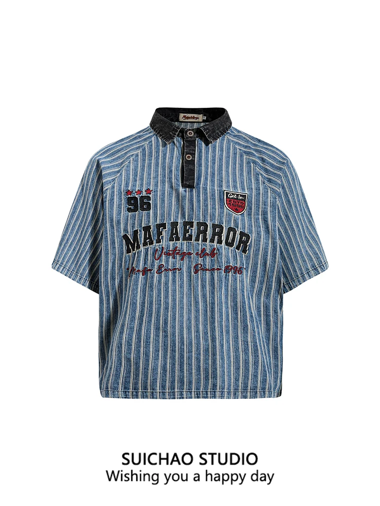 

Suichao American Retro Striped Letter Embroidery Collar ort Sve irt Campus Sle Vintage Couple Tops Men's Loose Fit C...