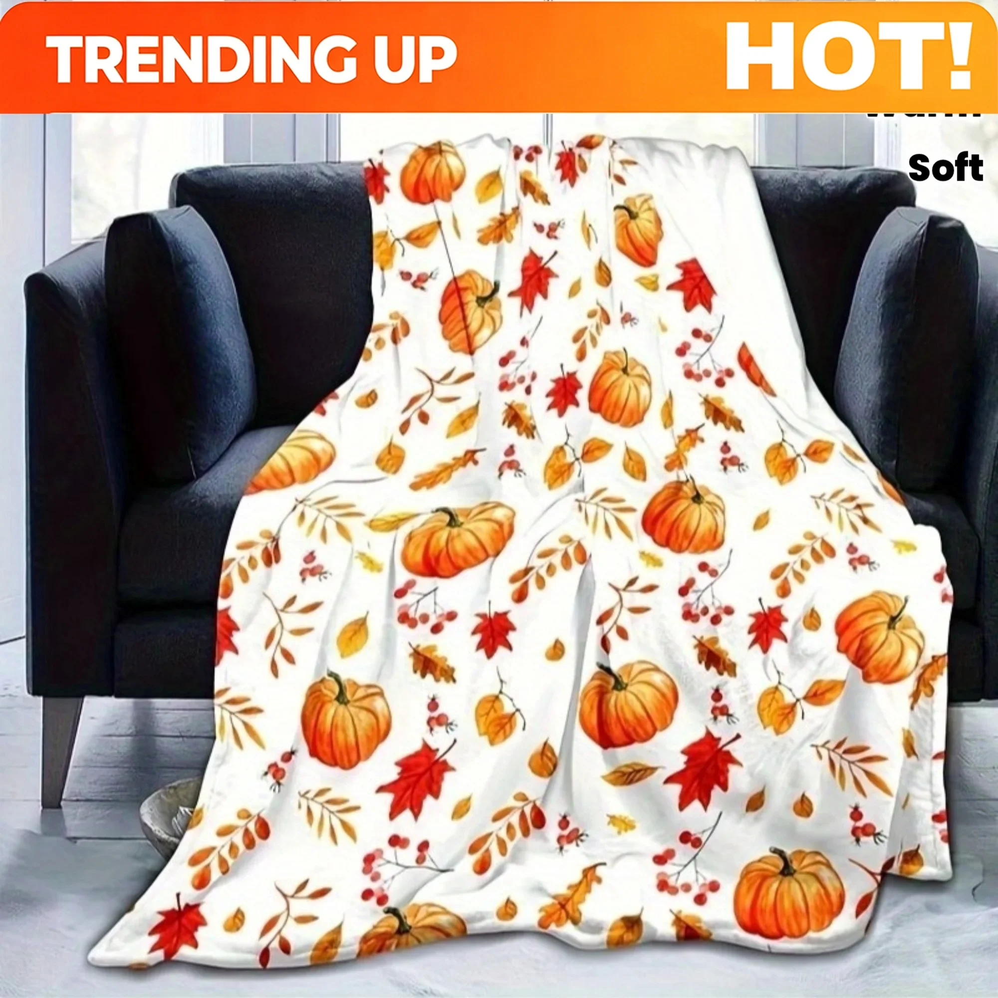 Customization 1 Autumn Leaves And Pumpkin Print Flannel Blanket, Soft Warm Throw For Sofa, Office, Bed, Camping, Travel, Multi-P