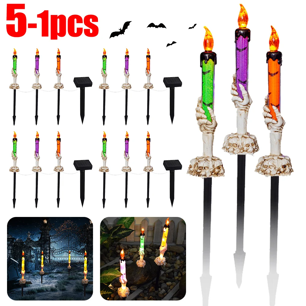 Halloween Decorations 5-1pcs Solar Skeleton Candle Holder Lamp Skull Candlesticks For Home Decor Party Candles Light