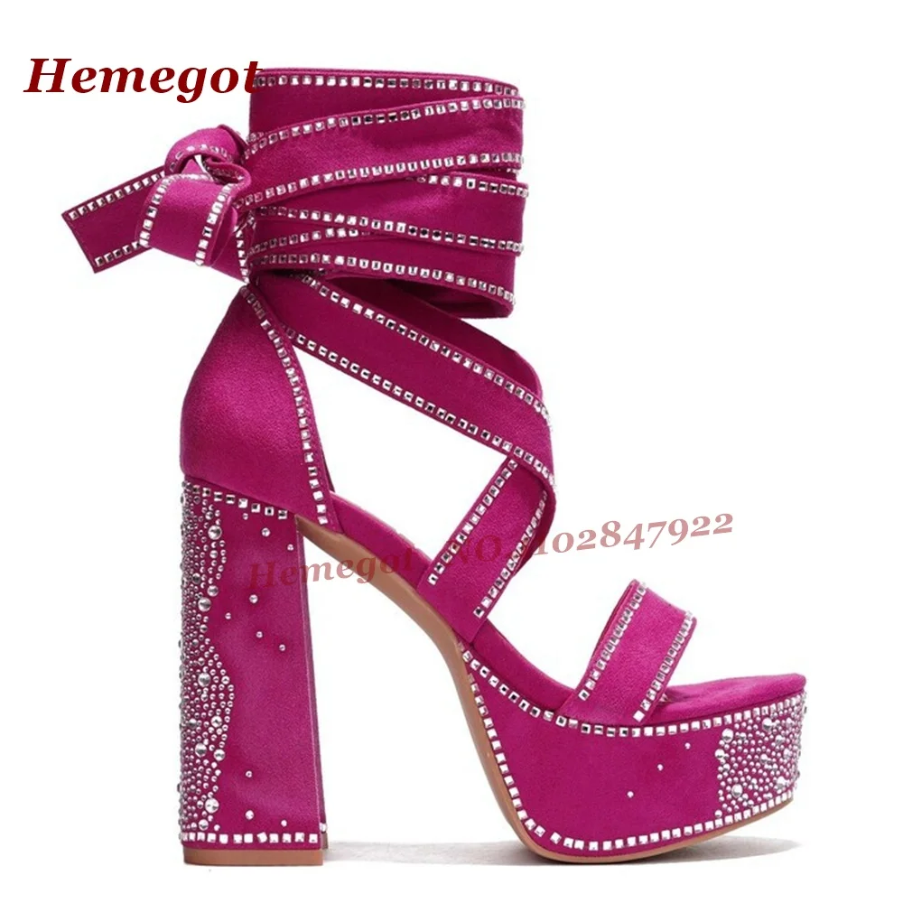 Black Rhinestone Lace-Up Platform Sandals Peep Toe Wrap Around Ankle Block Heel Sandals for Women Sexy Party Club Shoes 2026