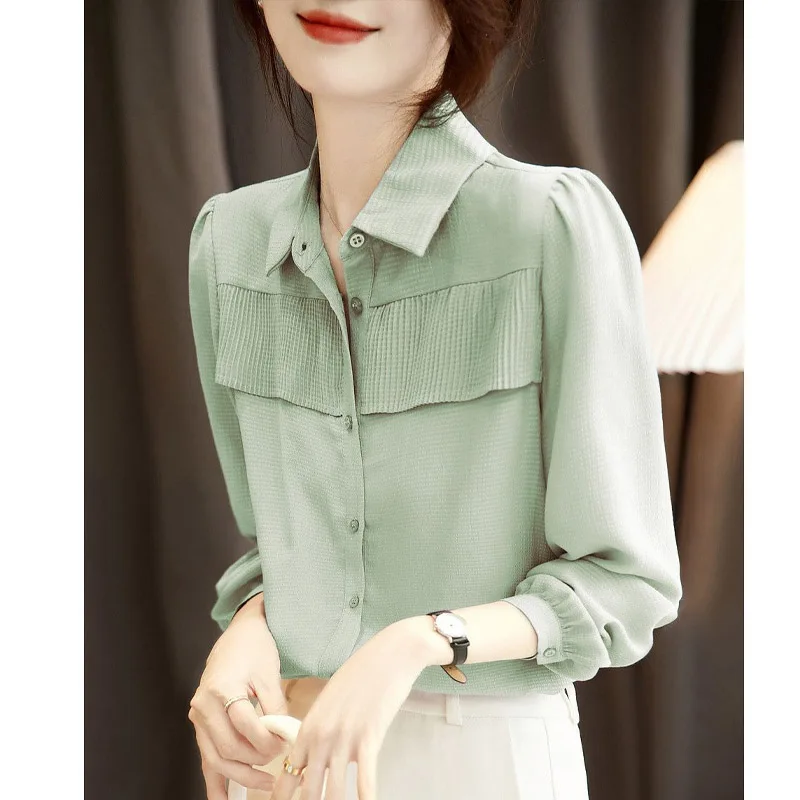 Fashion Solid Color Anti-wrinkle Single-breasted Blouse Women Classic Long Sleeve Polo Collar Korean Office All-match Lady Shirt