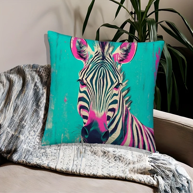 1pc 2D Flat Pillow Not Included Pop Art Zebra Teal Pink Animal Print Cushion Cover Short Plush Modern Sofa Decor Trendy GiftCase