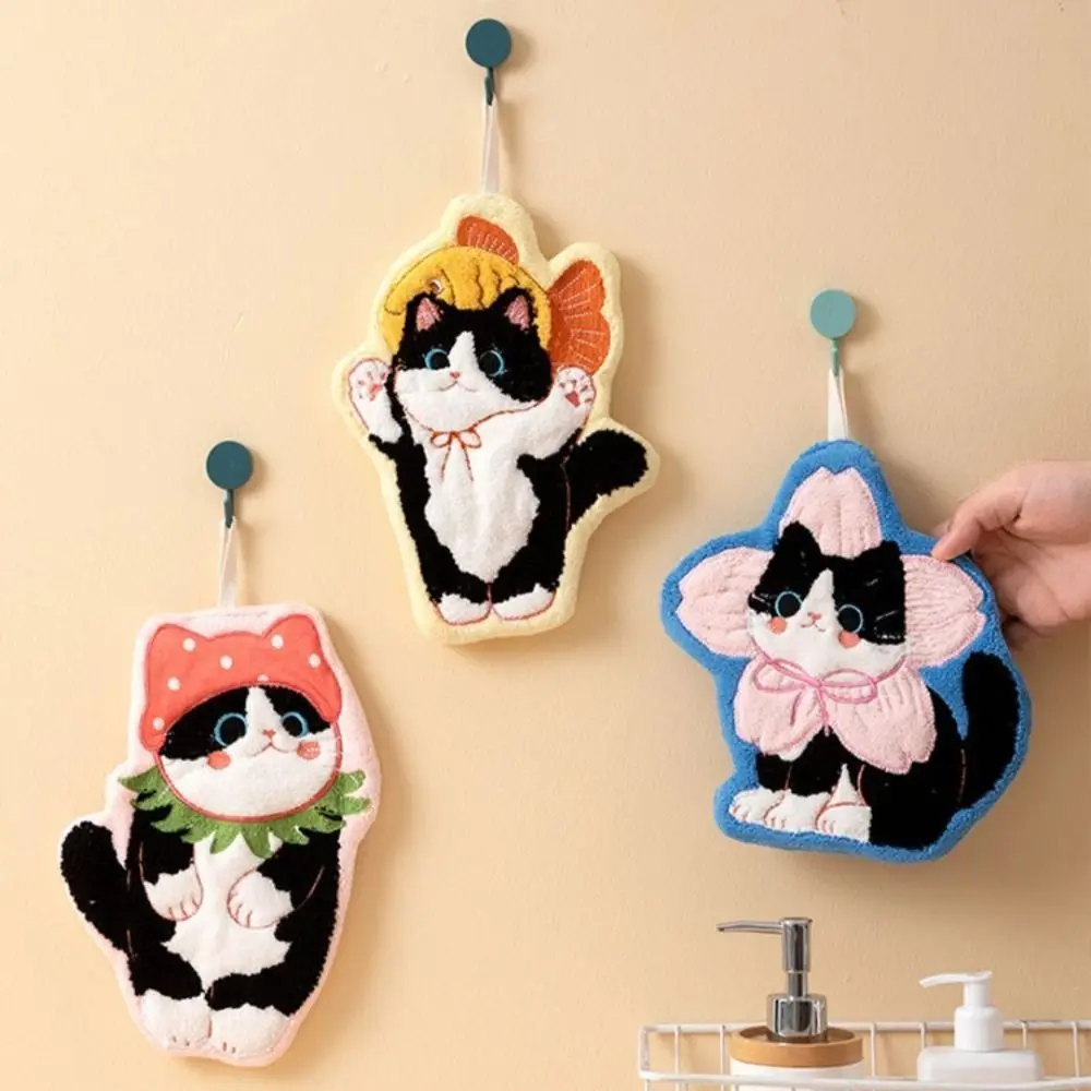 

Durable Cute Cat Hand Towel Soft Strong Water Absorption Bathroom Kerchief Hanging Style Thickened Washcloth Kitchen