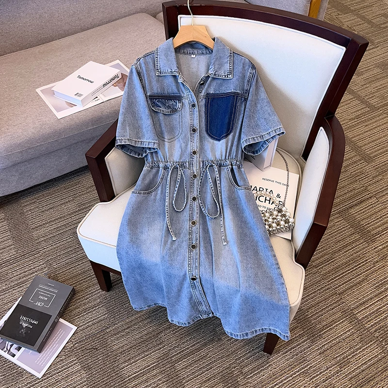 Fashion Drawstring Women Denim Dress 2023 New Summer Turn Down Collar Short Sleeve Mid Length A-Line Dress L-4XL Female