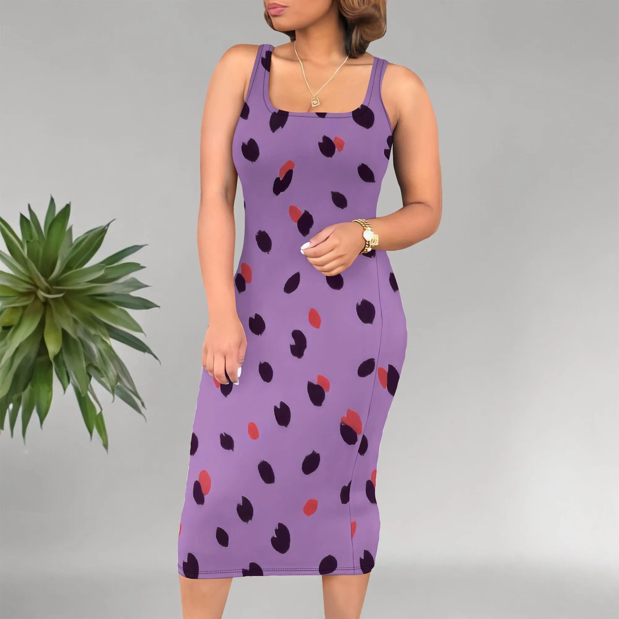 ผู้หญิงฤดูร้อนสบายๆเซ็กซี่ชุดเข้ารูป U คอ Polka Dot พิมพ์ชุดแขนกุด Midi แฟชั่น Party Dress