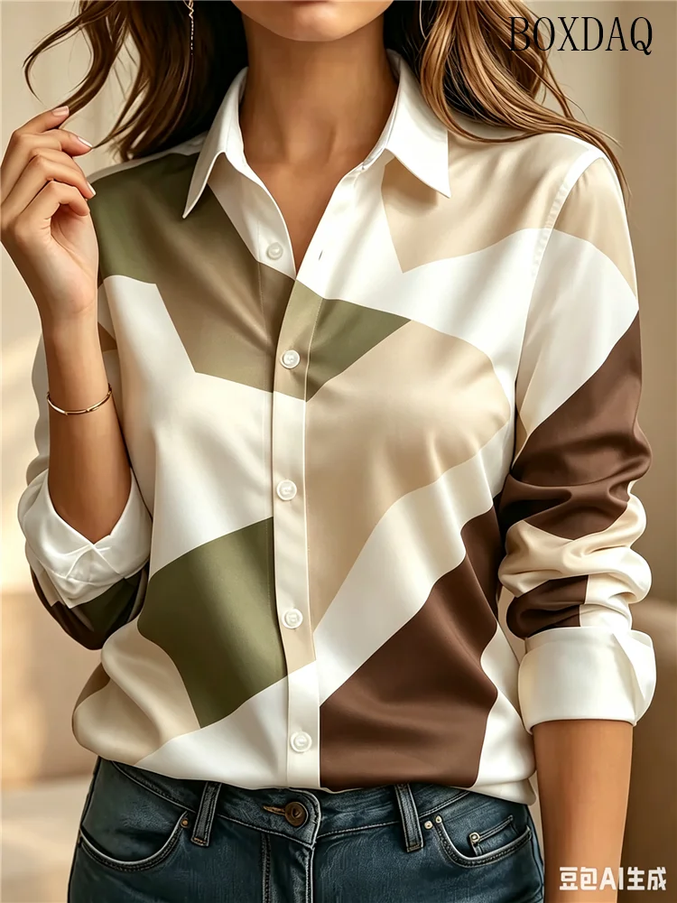Fashion Women's Button Geometric Color Blocks Printed Shirts Elegant Women's Office Long Sleeve Shirt 2026 Autumn Casual Blouses