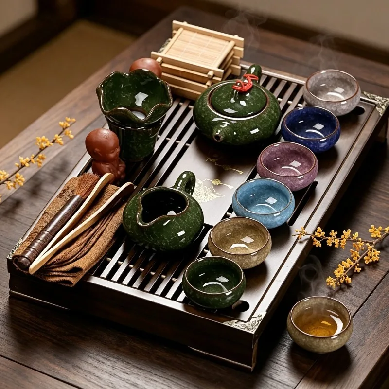 Ceramic Kung Fu Tea Set, Solid Wood Drawer Style Tea Tray, Complete Set of Colorful Ice Cracked Tea Set, Chinese Tea Ceremony