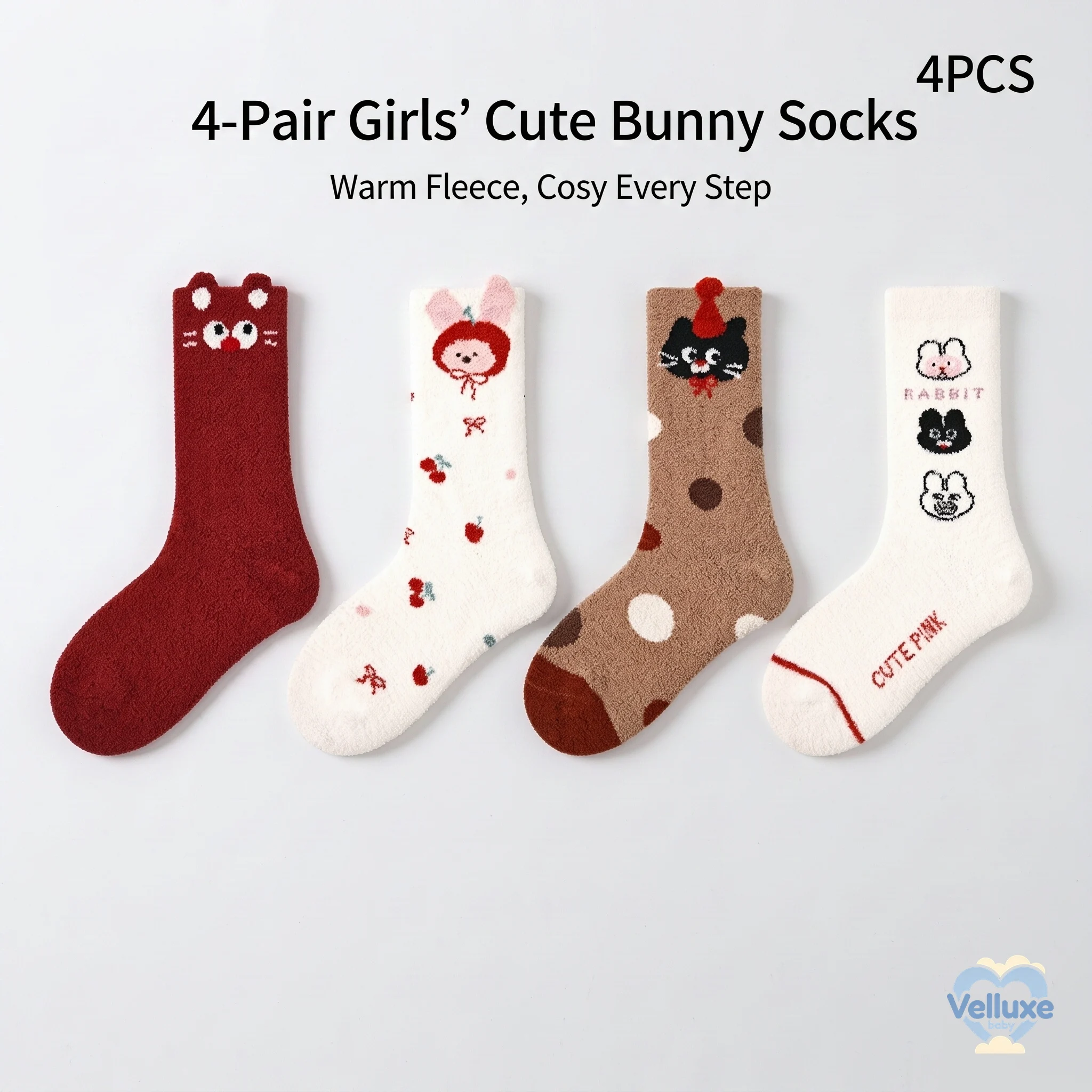 4 Pairs Girls Cute Bunny Half-Fleece Crew Socks, Thick Winter Warm Cartoon Socks for Girls 3-12Y
