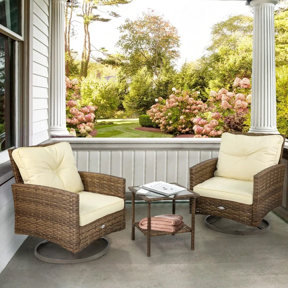 3-Piece Patio Wicker Swivel Chairs, Outdoor Small Furniture Rocking Coversation Chairs with Soft Cushions, Side Table