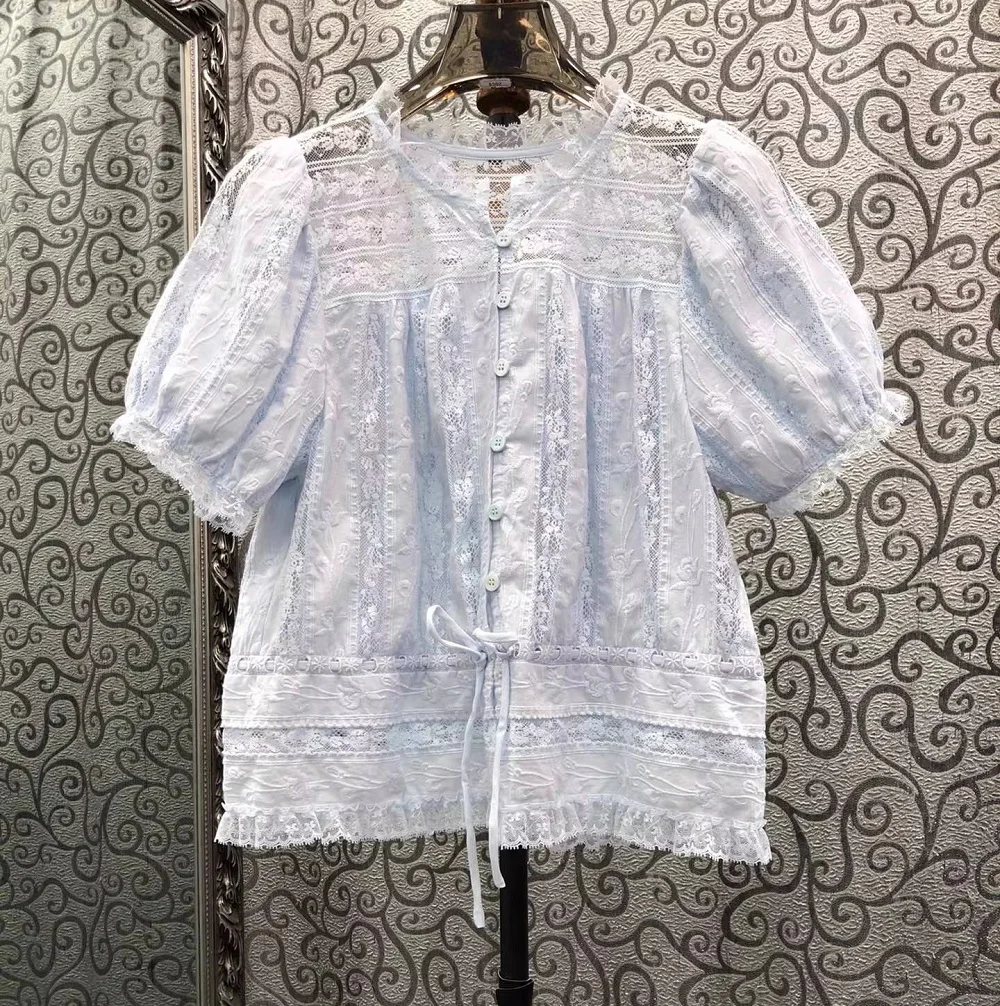 

Новые блузки высшего качества 2026: летний стиль, женские сексуальные топы из тюля и кружева с коротким рукавом, повседневные белые и синие блузки для женщин