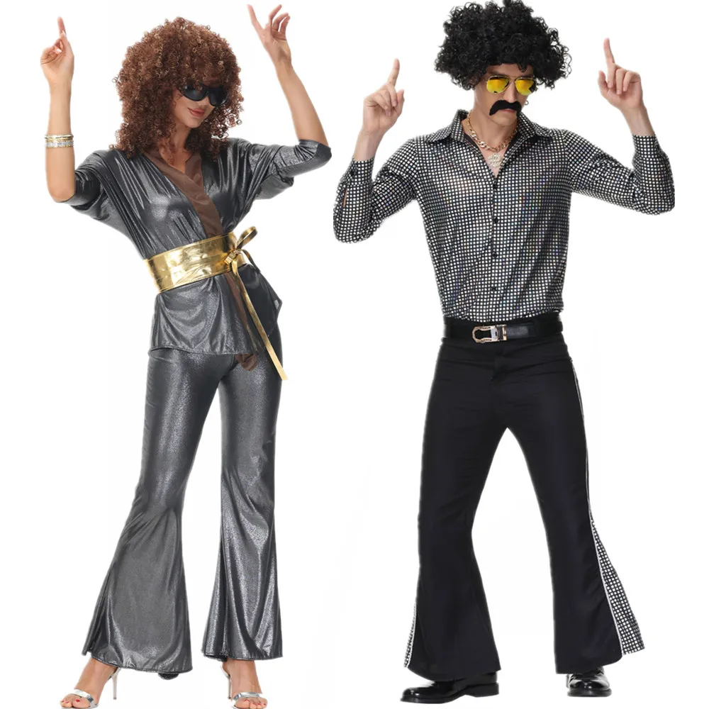 Couple Retro 70s 80s Retro Hippies Costume Women Men Rock Disco Dance Outfits for Cosplay Halloween Carnival Party