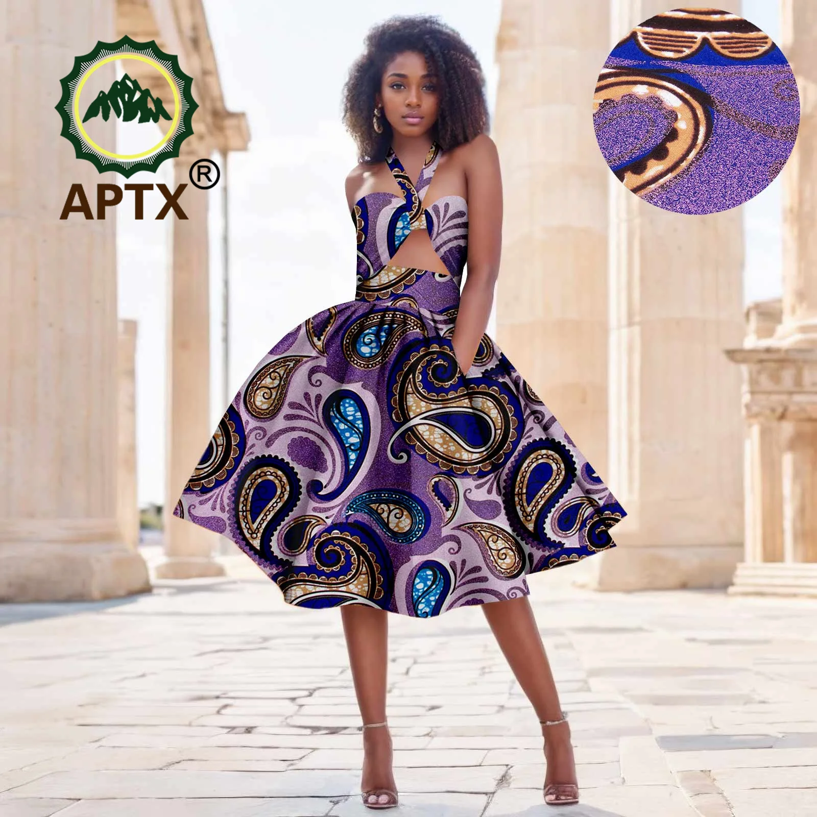 African Dress for Women Ankara Print Sleeveless Knee-Length Halter Dressses Dashiki Casual Party Wedding Clothes