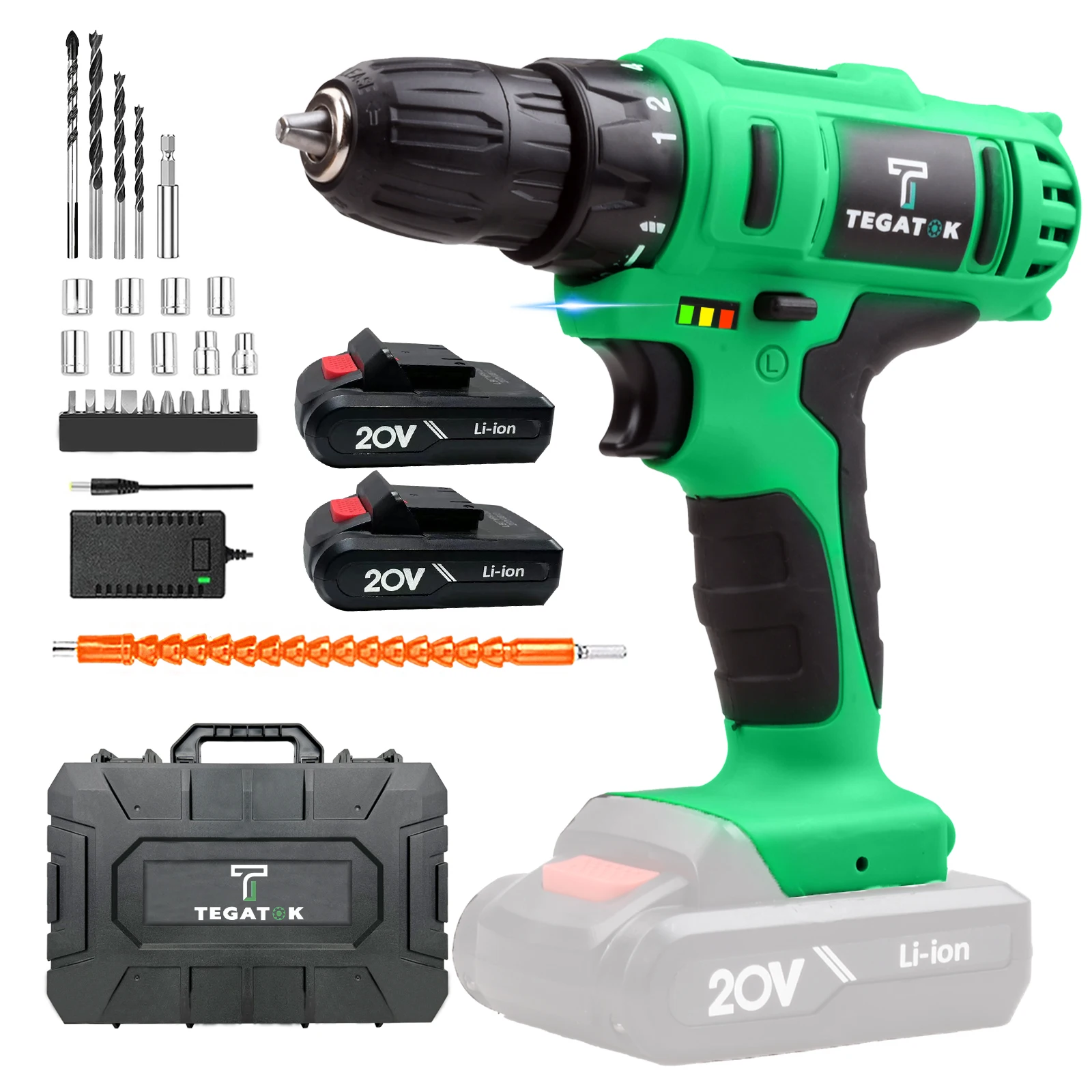 

Tegatok 20V Cordless Drill Set, With 2*2Ah Battery,3/8-inch Keyless Chuck, 18+1 Position Drill