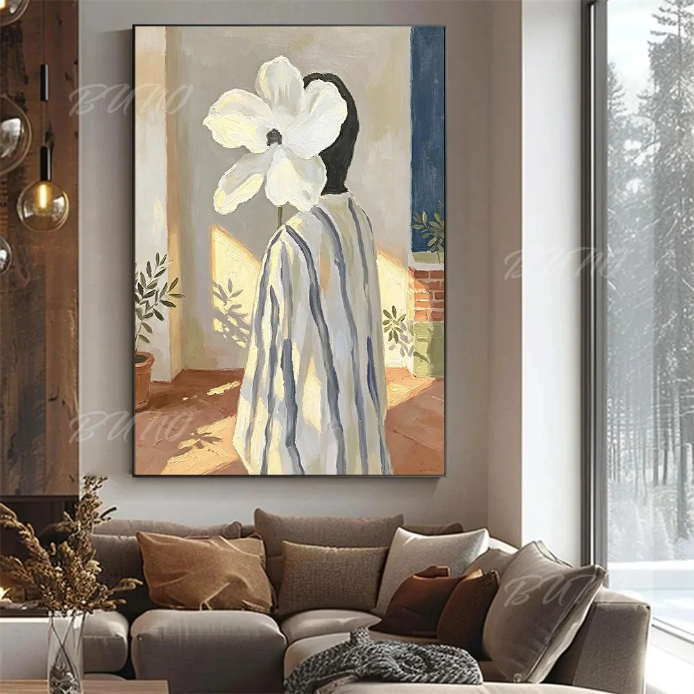 100% Hand-painted Abstract Oil Painting Original Mid-century Flower Head Lady Wall Art For Home Living Room Bedroom Decor view 2