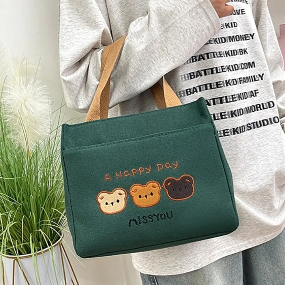 All-Match Cute 3 Bears Embroidery Tote Bag Large Capacity Lightweight Storage Pouch Zipper Closure Reusable Handbag Picnic