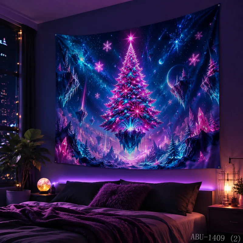 VIKAMA Neon Pink Blue Floating Tree Planet Crystal Island Galaxy Starry Snow Christmas Tapestry Wall Hanging Bedroom Living Room