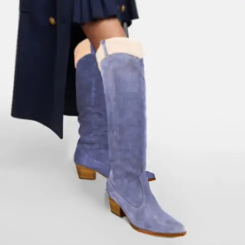 Western Blue Khaki Suede Pointed Toe Med Square Heels Warming Patchwork Knee High Boots Women Tube Slip On Long Knight Boots