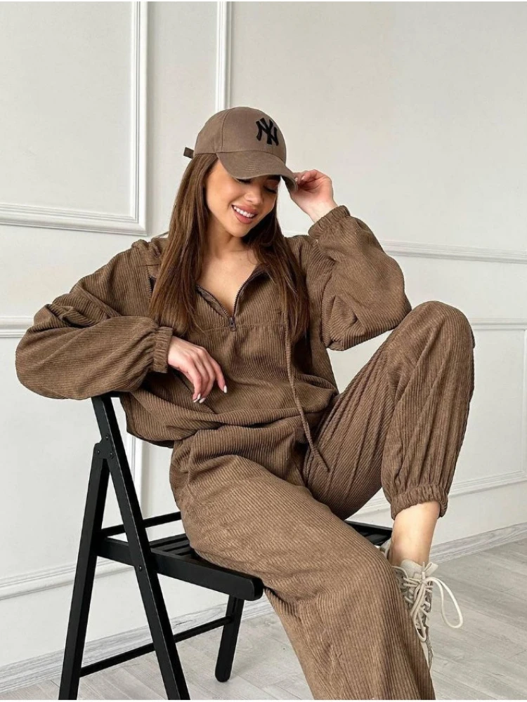 Women Pant Set Zipper Hoodie Pants Two Piece Sets Vintage Corduroy Sweatshirt Sport Suit Loose Long Sleeve High-waisted Pants