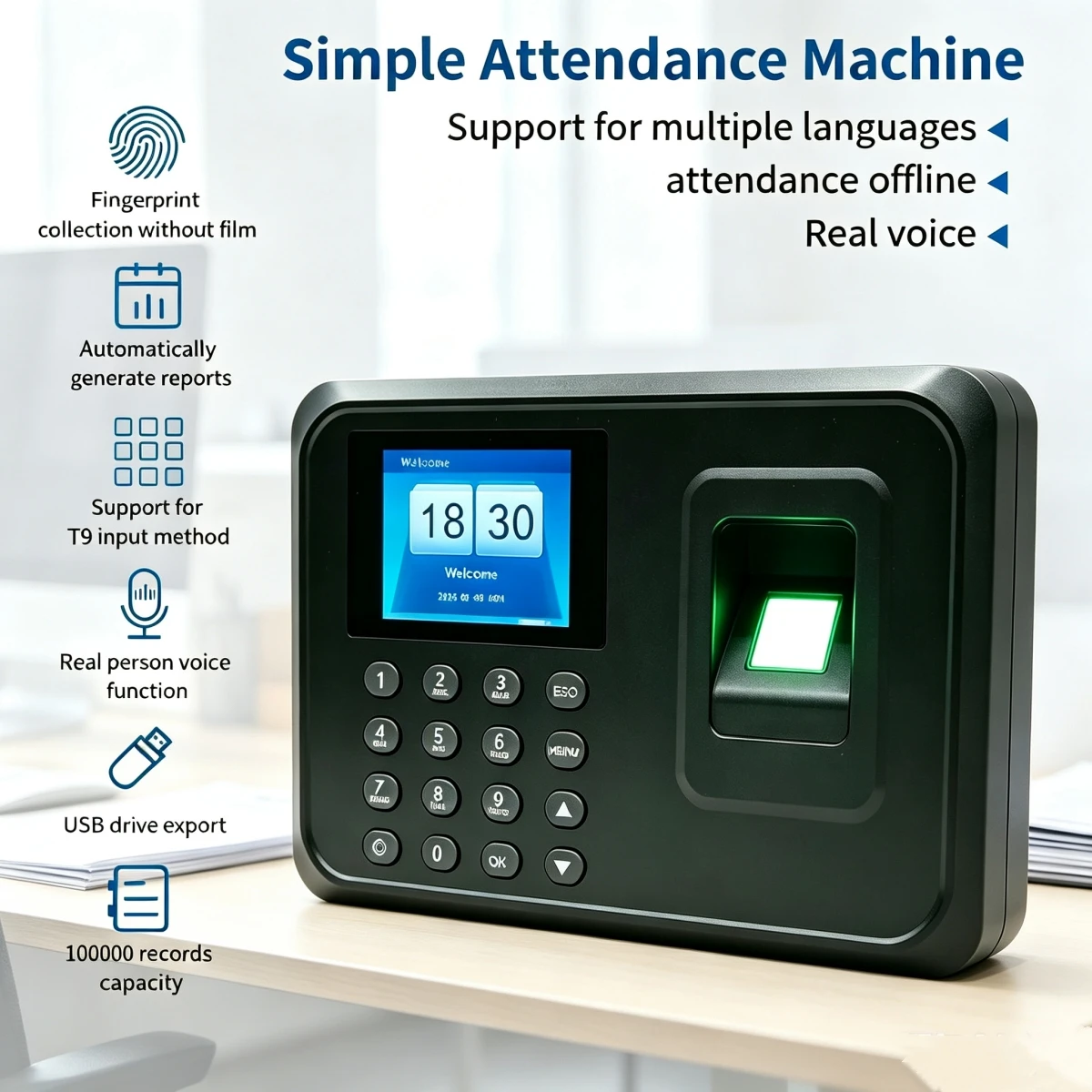 Biometric Fingerprint Time Attendance Device USB Data Download  Support Multiple Languages Time Clock Recorder for Office