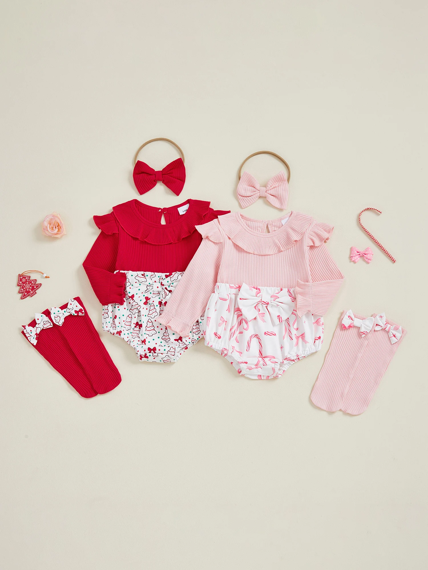 

Toddler Christmas Dress Santa Claus Print Long Sleeve Ruffle Romper Bow Headband Long Socks Set for Baby Girl