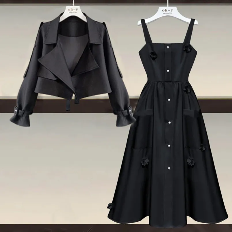 Oversized Women's Autumn Set 2023 New Korean Fashion Coat Fashion Slim Slim Slippery Dress Two Piece Set Fashion