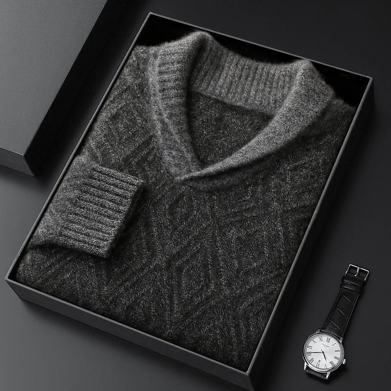 CHICUU Luxury Men's 100% Cashmere Sweater Shawl Collar Pullover Autumn Winter Rhombus Classical Style Thick Cashmere Knitwear