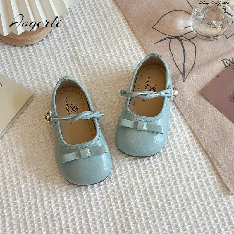 

Children's Solid-color Small PU Leather Casual Shoes Spring Summer Twisting Belt Cute Bow Dance Performance Shoes Size 23-34