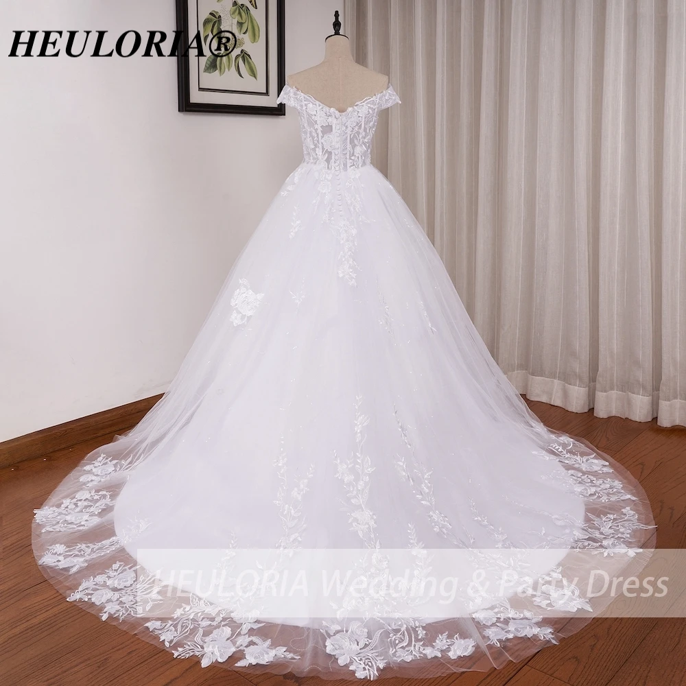 HEULORIA princess wedding dress off shoulder shinny skirt lace applique plus size white bride dress customize