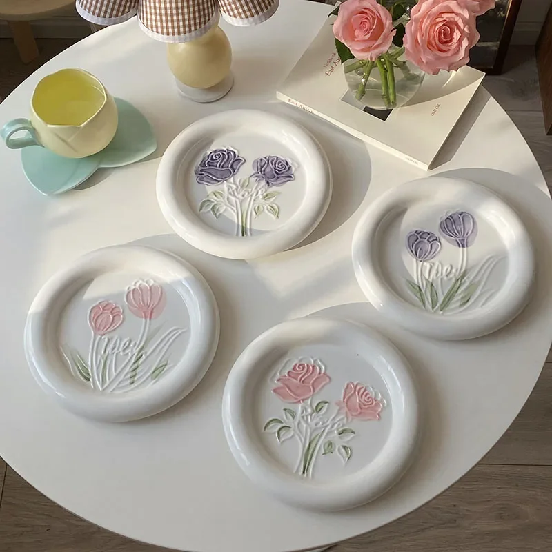 

Lovely Pink Tulip صحون Ceramic Home Fruit Plates Flat Vajilla Flower Relief Dessert тарелки для еды Cake PratoTableware