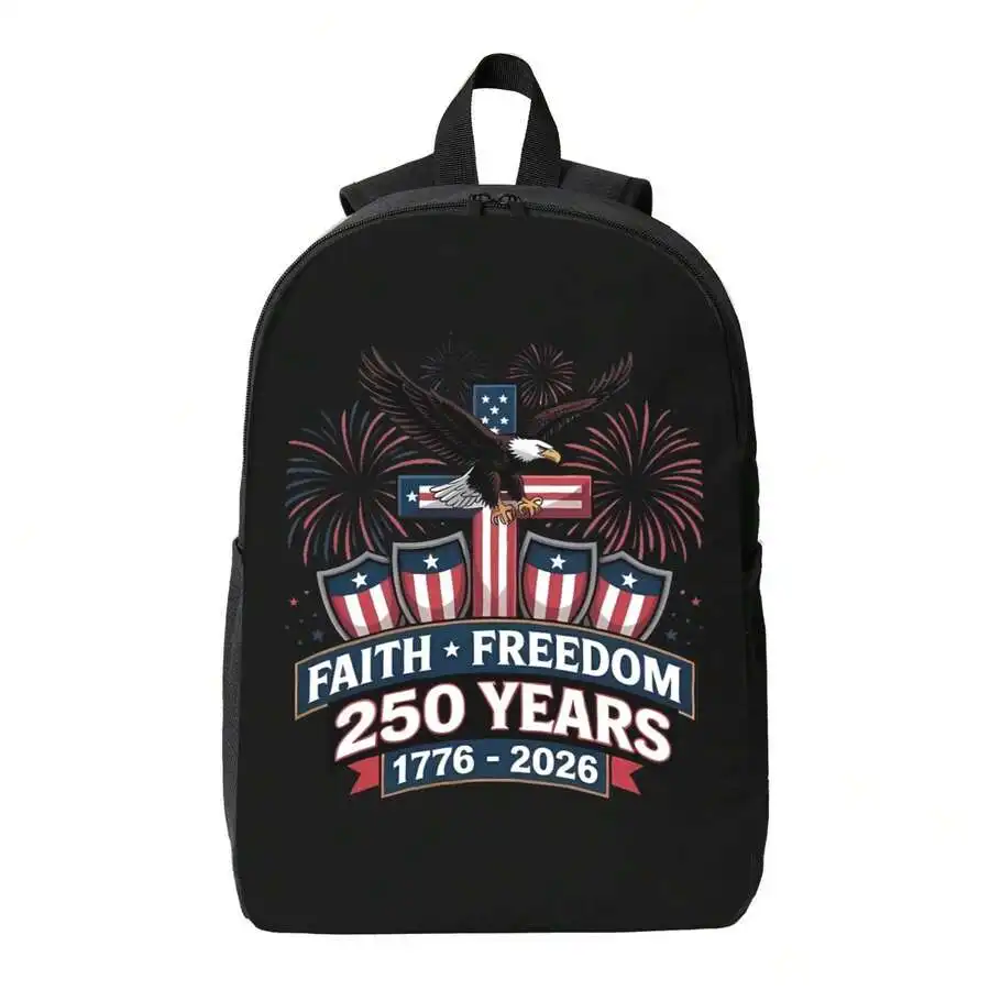 

Faith Freedom 250 Years Patriotic Eagle Black Backpack For Adults Durable School College Daypack With Bottle Holder Tablet