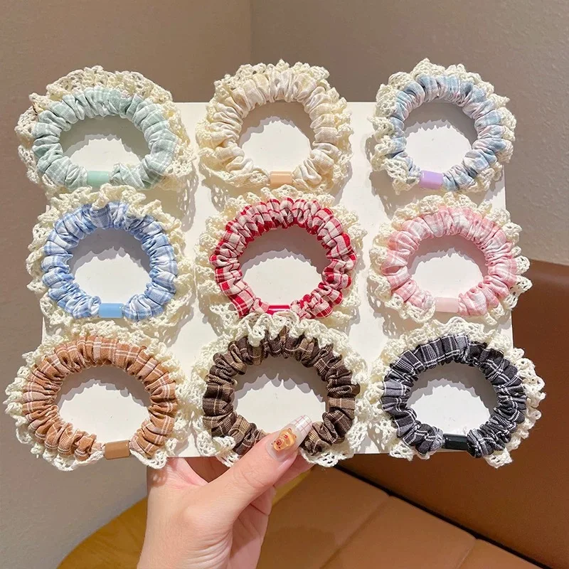Lace Plaid Small Intestine Ring Sweet High Elasticity Durable Flat Buckle Denim Fabric Headdress Vintage Plaid Girl Hair Band
