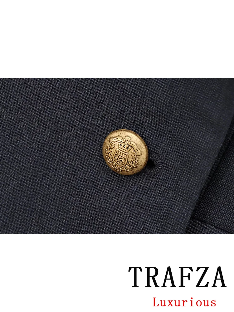 TRAFZA Vintage Chic Office Lady Solid Women Suit Pockets V Neck Blazer Straight Loose Pants New Fashion 2024 Autumn Winter Sets