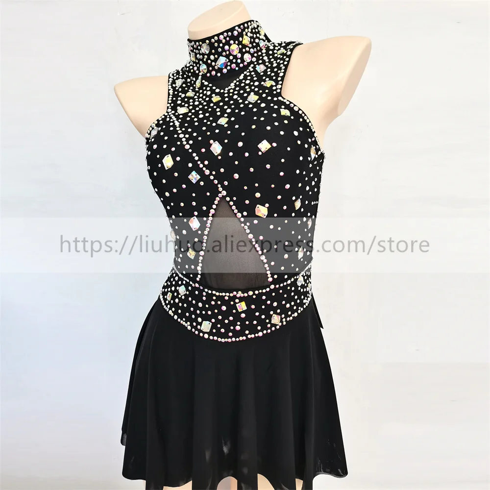 LIUHUO Women Aldult Teen Girl Customize Costume Performance Competition Leotard Ice Figure Skating Dress Sleeveless Black Dance