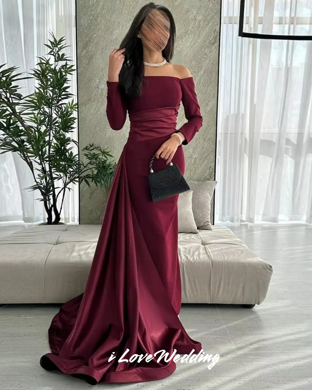 バーガンディ ストレス イブニングドレス 2025 オフショルダー 長袖 マーメイド スウィープトレイン ロング丈 ウェディング パーティー ドレス カスタムメイド