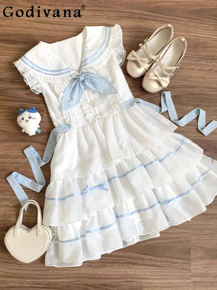 Robe d'été pour fille, Style japonais, Lolita, avec nœud mignon, col bleu marine, sans manches, Mini robe quotidienne Y2K, nouvelle collection