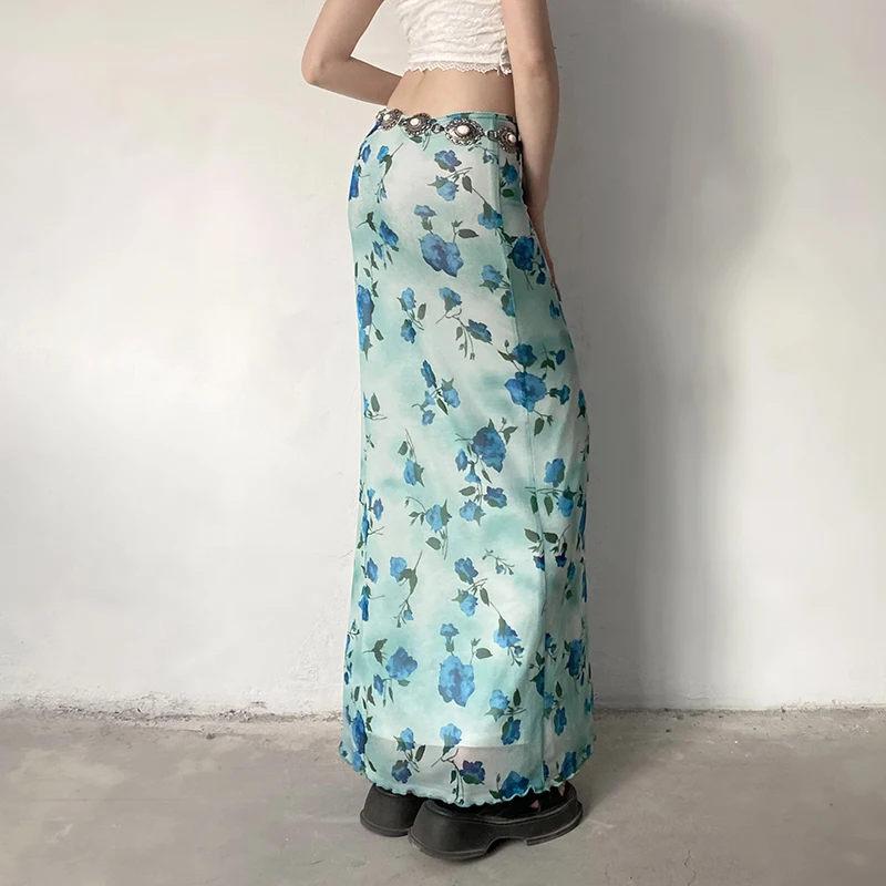 Rapcopter Floral Vintage Long Skirts y2k Low Waist Bow Trim Doblue Layers Low Waist Bohemian Midi Skirts Beach Holiday Outfits