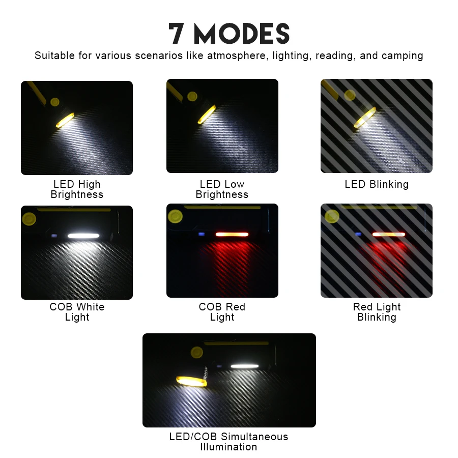 مصباح يدوي LED قوي مع مغناطيس، مشبك، ضوء عمل قابل لإعادة الشحن من النوع C مع ضوء جانبي COB، 90 ° ضوء الرأس القابل للتعديل #2